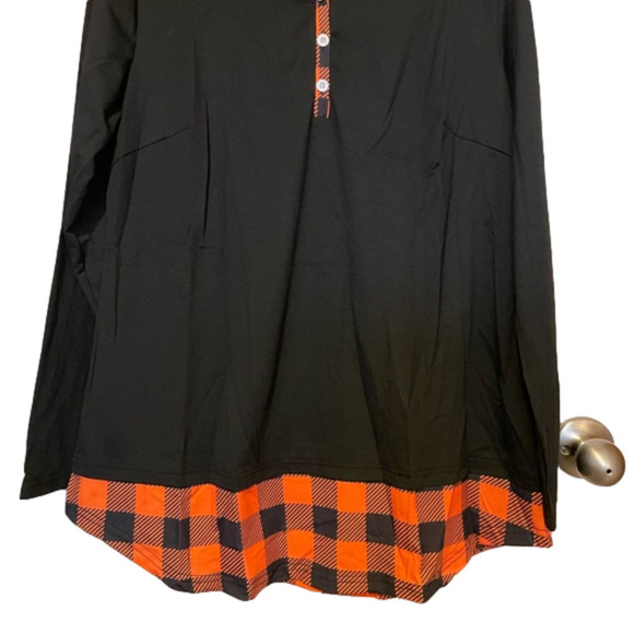 Unbranded Plaid Split Neck 1/4 3-Button Down Tee Top, Women’s L, Black Orange - Picture 2 of 7